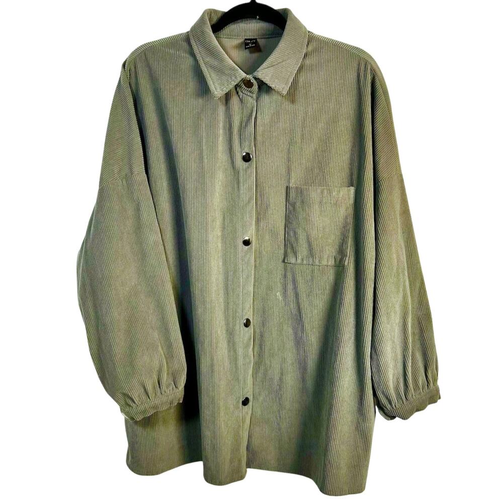 Oversized Corduroy Button Snaps Balloon Sleeves Earthy Minimalist Soft Sage XL - Picture 3 of 5
